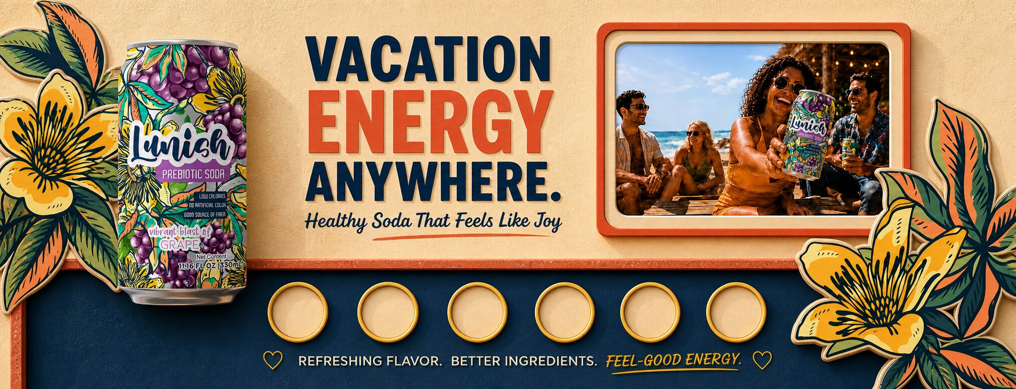 Vacation energy anywhere — Lunish prebiotic soda. Refreshing flavor, better ingredients, feel-good energy.